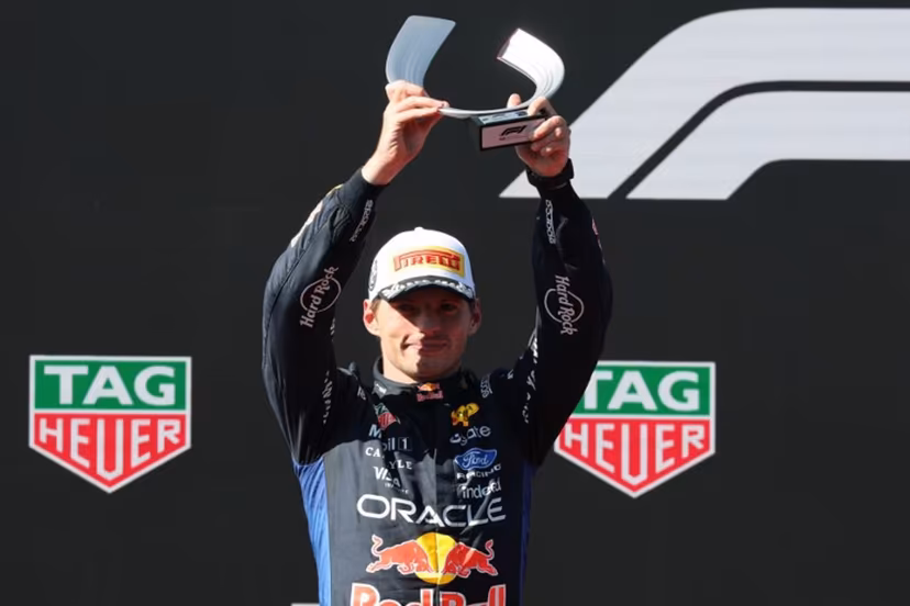 Second placed Red Bull Racing's Dutch driver Max Verstappen celebrates on the podium after the Spanish Formula One Grand Prix at the Madring circuit on September 13, 2026 in Madrid. Thomas COEX / AFP