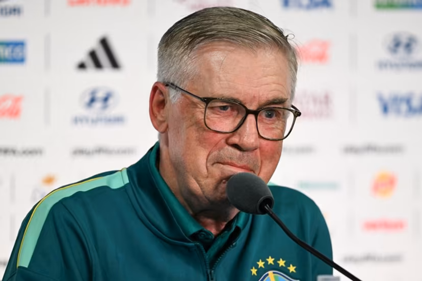 Brazil's Italian head coach Carlo Ancelotti gestures during a press conference at the New York/New Jersey Stadium in East Rutherford on June 12, 2026, on the eve of the 2026 World Cup football match between Brazil and Morocco. Mauro PIMENTEL / AFP