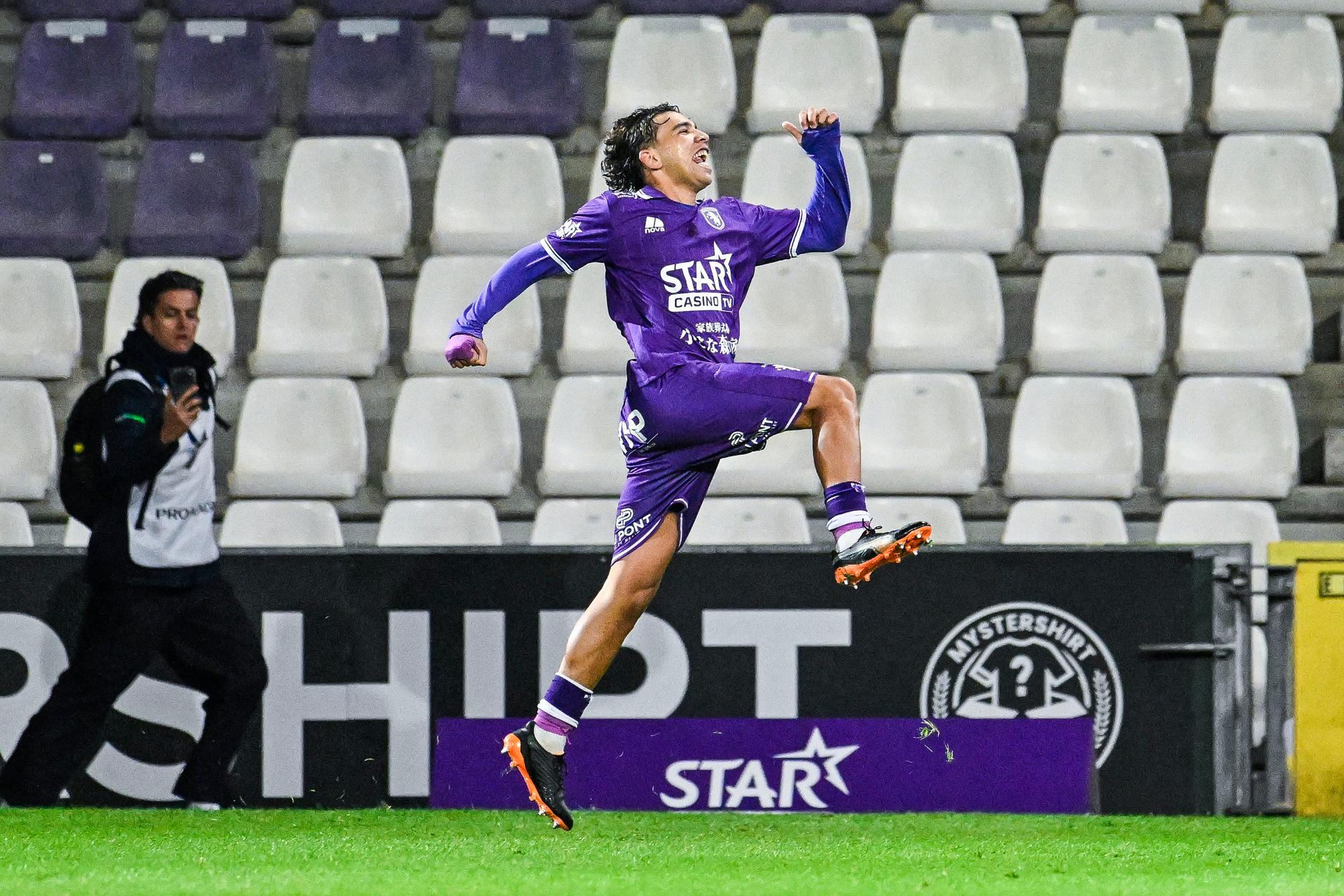 Anas Haj Mohamed, of Beerschot VA celebrates after scoring during a soccer match between Beerschot VA and RSC Anderlecht, Sunday 18 October 2026 in Antwerp, in the 1/16 final of the Croky Cup Belgian cup competition. BELGA PHOTO TOM GOYVAERTS