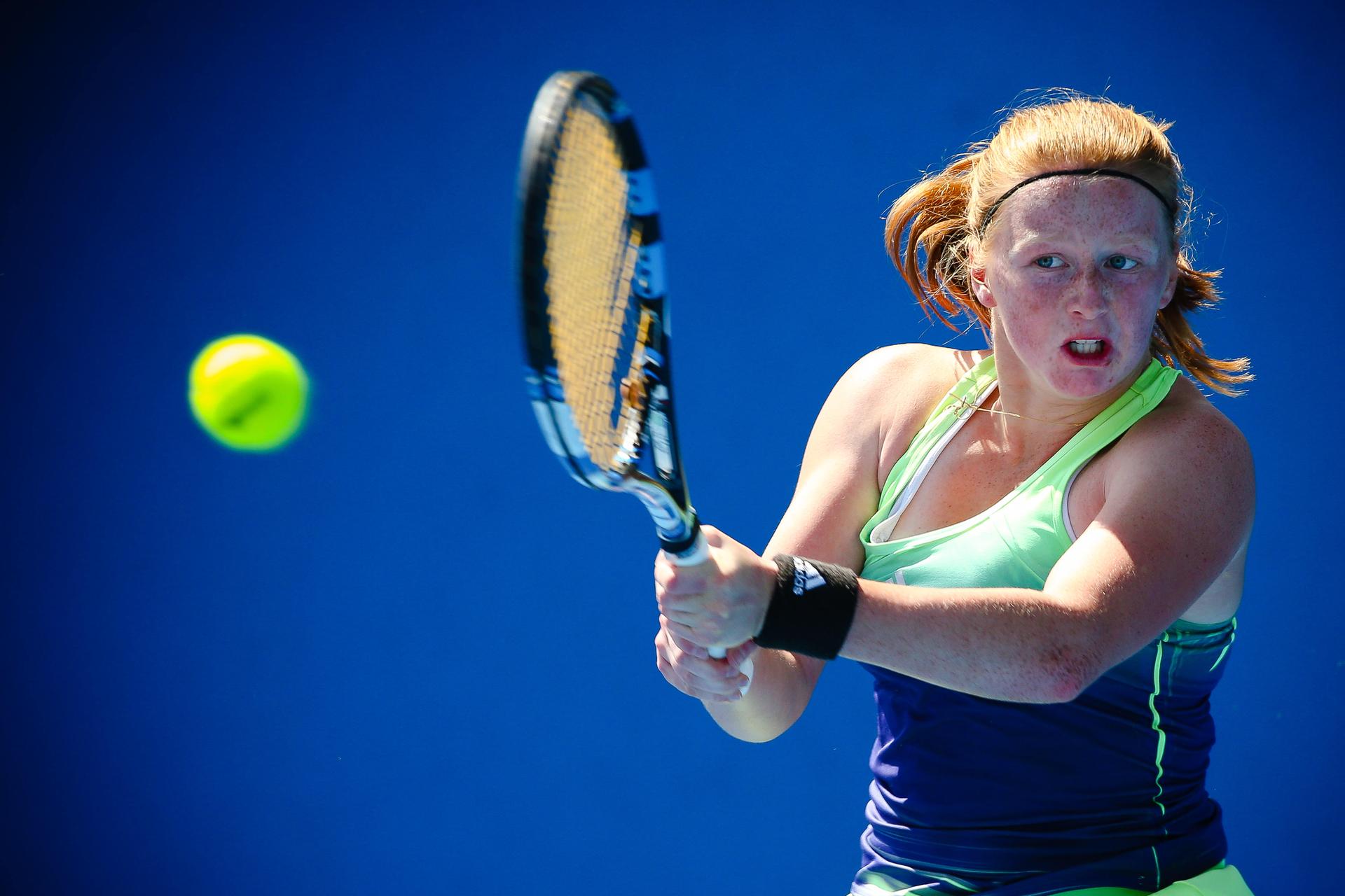 20160123 - MELBOURNE, AUSTRALIA: Belgian Lara Salden plays her first round game of Junior Girls Singles against Japanse Mai Hontama at the 'Australian Open' tennis Grand Slam, Saturday 23 January 2016 in Melbourne Park, Melbourne, Australia. The first grand slam of the season takes place from 18 to 31 January. BELGA PHOTO PATRICK HAMILTON