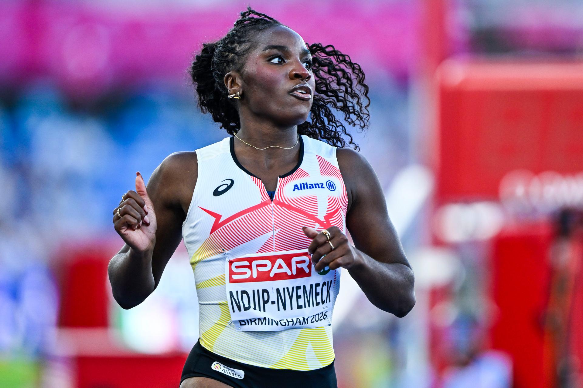 Belgian Yania Ndjip-Nyemeck pictured after the semi-finals of the women's 100m Hurdles race at the European Athletics Championships (August 10-18) in Birmingham, United Kingdom, on Monday 10 August 2026. BELGA PHOTO ERIC LALMAND