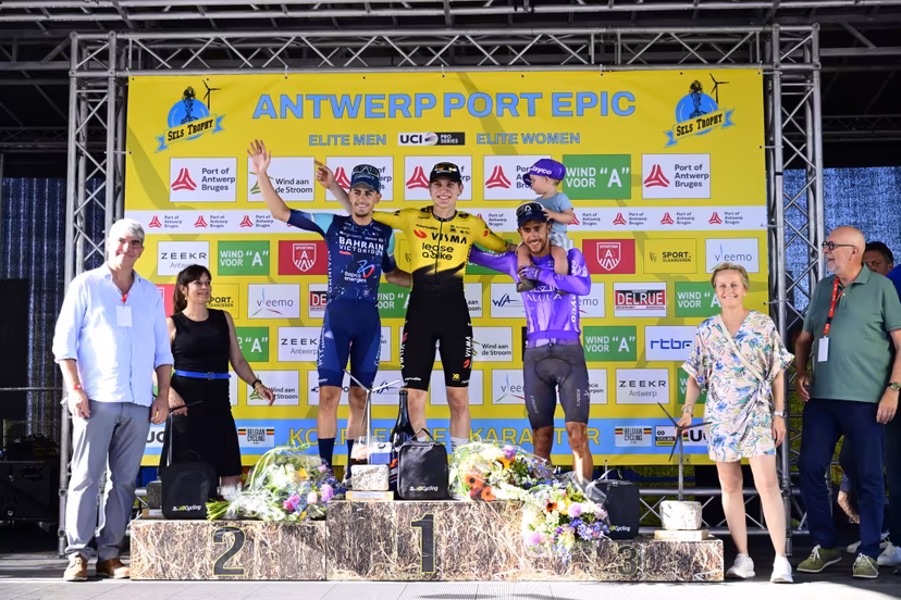 Norwegian Per Strand Hagenes of Team Visma-Lease a Bike, Spanish Pau Miquel Delgado of Bahrain Victorious and Belgian Dries De Bondt of Team Jayco-AIUIa pictured on the podium after the 'Antwerp Port Epic men's elite one day cycling race, 196,4 km in and around Antwerp, Monday 25 May 2026. BELGA PHOTO TOM GOYVAERTS