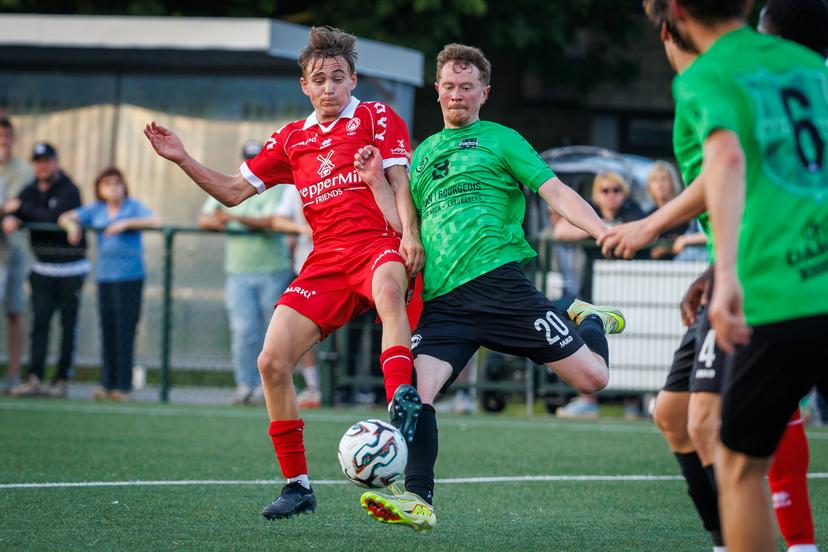 Kortrijk's Guust Lamerand pictured in action during a friendly soccer game between first provincial division soccer team KFC Marke and first division KV Kortrijk, on Wednesday 17 June 2026 in Marke, in preparation of the upcoming 2026-2027 Belgian first division soccer season. BELGA PHOTO KURT DESPLENTER