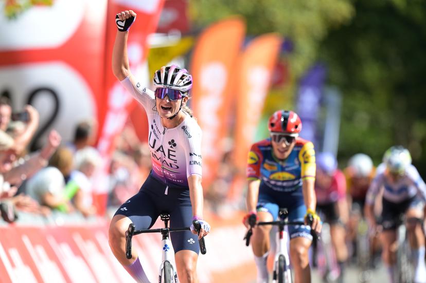 Dutch Karlijn Swinkels of UAE Team ADQ celebrates as she crosses the finish line to win the one day cycling race Grand Prix de Wallonie 2026 (127,5 km), in Namur, on Wednesday 16 September 2026. BELGA PHOTO DAVID PINTENS