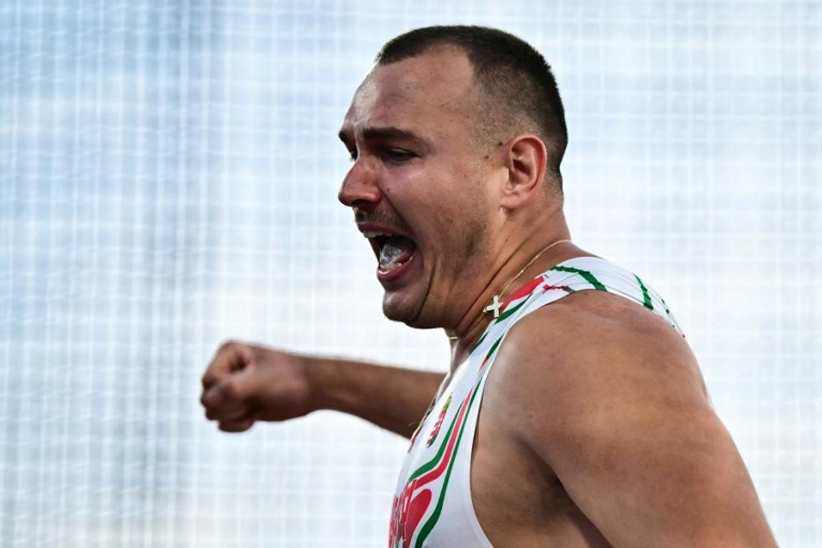 Hungary's Bence Halasz reacts as he competes in the men's hammer throw final during the European Athletics Championships at Alexander Stadium in Birmingham on August 11, 2026. Ben STANSALL / AFP