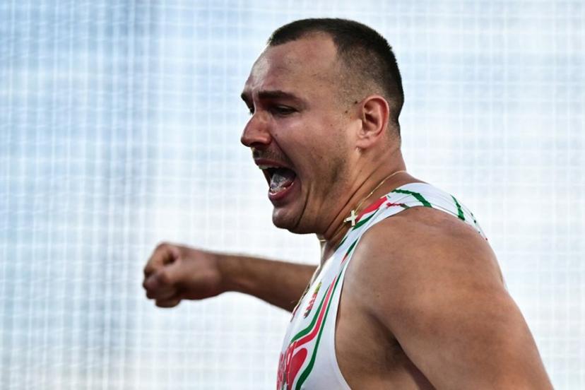 Hungary's Bence Halasz reacts as he competes in the men's hammer throw final during the European Athletics Championships at Alexander Stadium in Birmingham on August 11, 2026. Ben STANSALL / AFP