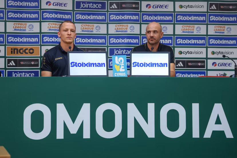 STVV's Robert-Jan Vanwesemael and STVV's head coach Frederic De Meyer are pictured during a press conference of Belgian soccer team Sint-Truidense V.V., Wednesday 26 August 2026 in Nicosie, Cyprus, in preparations of the return leg of the play-off round for the UEFA Europa League league phase, against Cypriot team AC Omonoia Nicosia. STVV won the first leg 1-0. BELGA PHOTO BRUNO FAHY