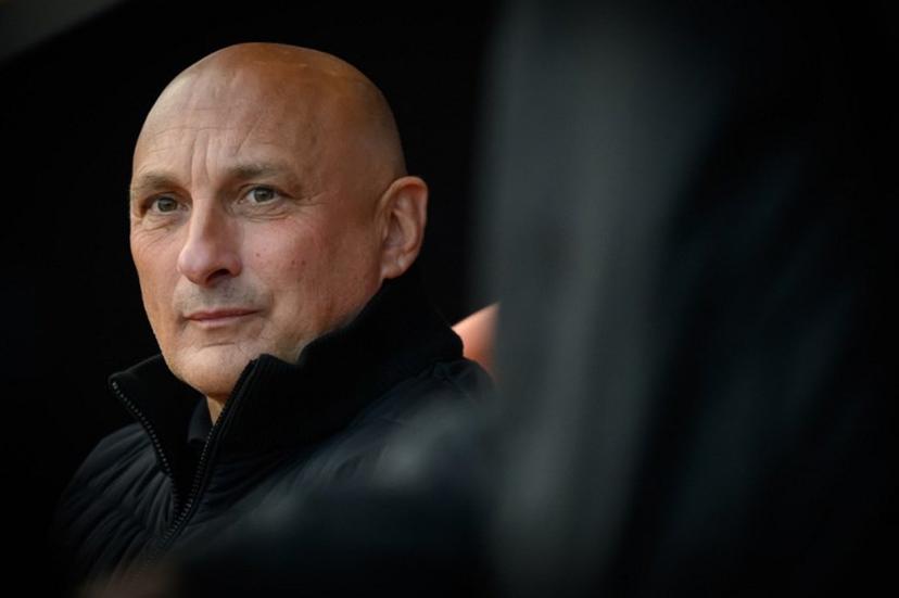 Lorient's French head coach Olivier Pantaloni attends the French L1 football match between FC Lorient and Le Havre AC at the Stade du Moustoir in Lorient, western France, on May 17, 2026. Loic VENANCE / AFP