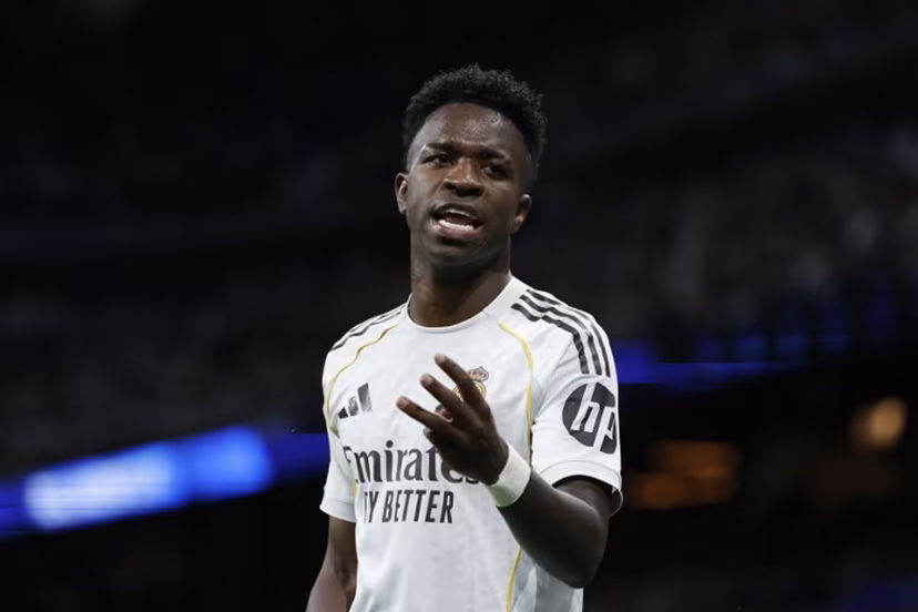 Real Madrid's Brazilian forward #07 Vinicius Junior gestures during the Spanish league football match between Real Madrid CF and Real Oviedo at Santiago Bernabeu Stadium in Madrid on May 14, 2026. Oscar DEL POZO / AFP