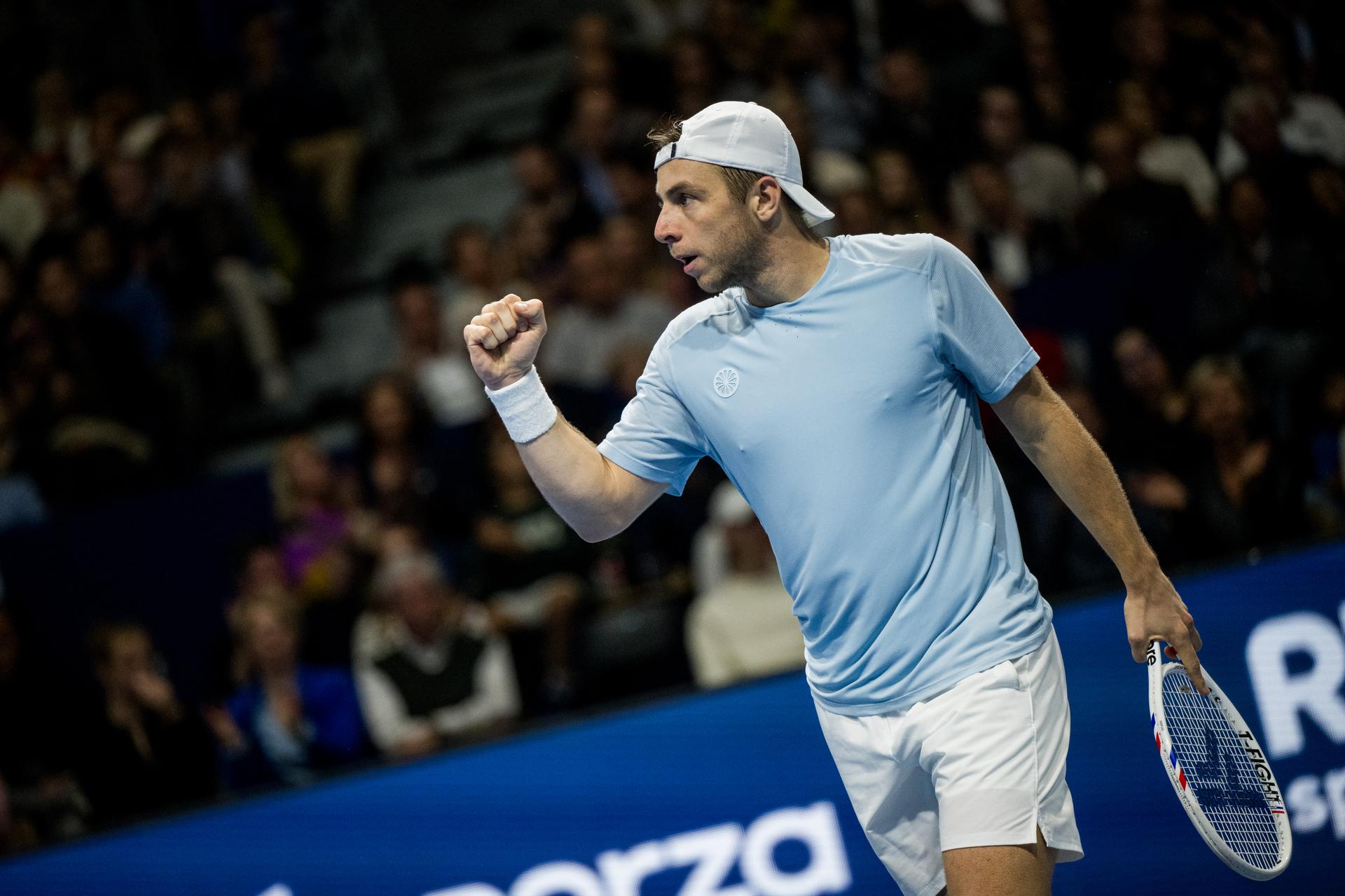 Tallon Griekspoor of the Netherlands celebrates during the European Open ATP tennis tournament in Brussels, on Sunday 25 October 2026. This year's edition of the tournament is taking place from 17 to 25 October BELGA PHOTO JASPER JACOBS