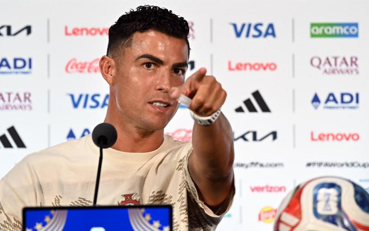 Portugal's forward #07 Cristiano Ronaldo answers to journalists during a press conference at the Dallas Stadium in Arlington, Texas on July 5, 2026, on the eve of the 2026 World Cup round of 16 football match between Portugal and Spain. Paul ELLIS / AFP