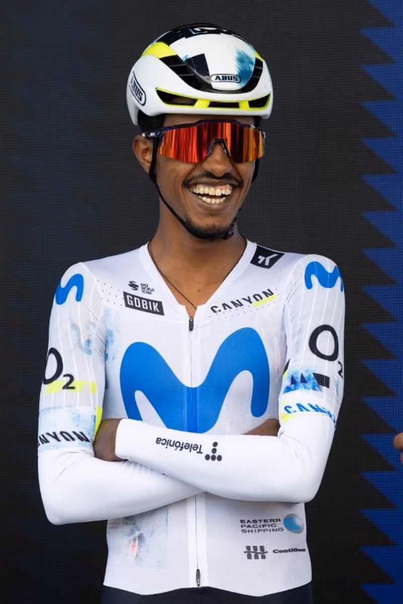 Eritrean Natnael Tesfatsion of Movistar Team smiles before competing in the 2026 Cadel Evans Great Ocean Men's Elite Road Race in Geelong on February 1, 2026. CHRIS PUTNAM / AFP