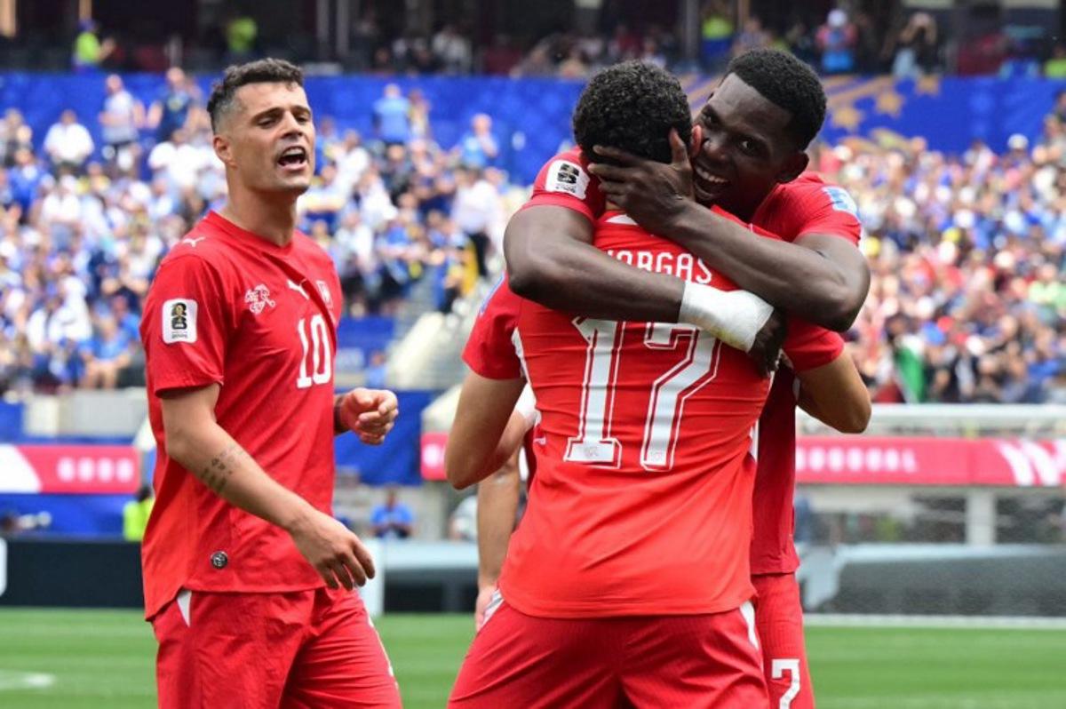 Switzerland's forward #17 Ruben Vargas celebrates scoring his team's second goal with teammates during the 2026 World Cup Group B football match between Switzerland and Bosnia and Herzegovina at Los Angeles Stadium in Inglewood on June 18, 2026. Frederic J. Brown / AFP