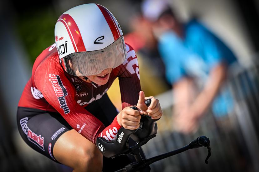 Elite Women Sandrine Tas pictured in action during the women's elite individual road time trial race (20,5km) at the Belgian Cycling Championships, in Maarkedal, on Friday 26 June 2026. BELGA PHOTO DAVID PINTENS