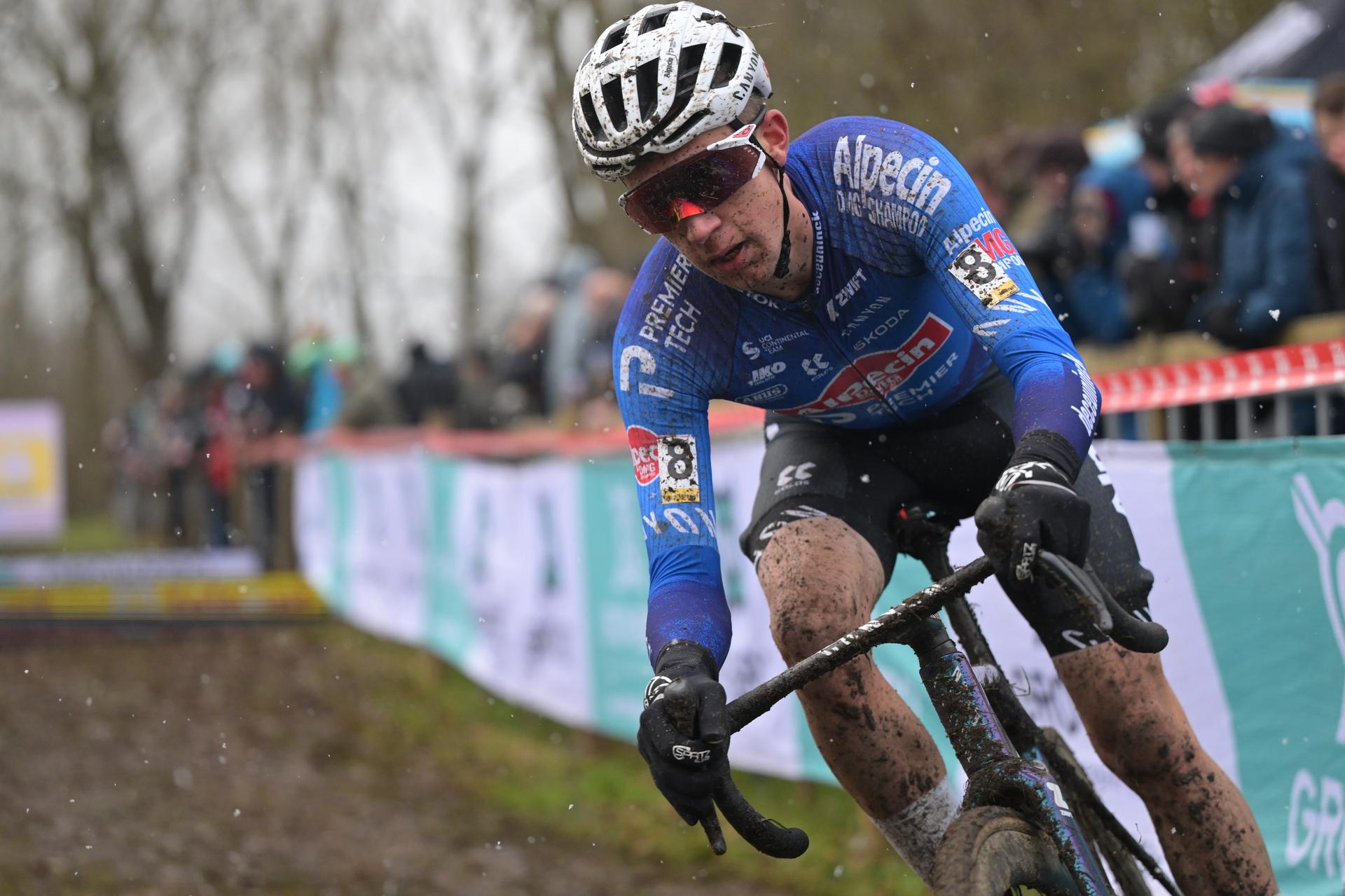 Belgian Jente Michels pictured in action during the men elite race at the cyclocross cycling event in Gullegem on Saturday 03 January 2026, stage 7/8 in the Superprestige cyclocross cycling competition BELGA PHOTO DAVID PINTENS
