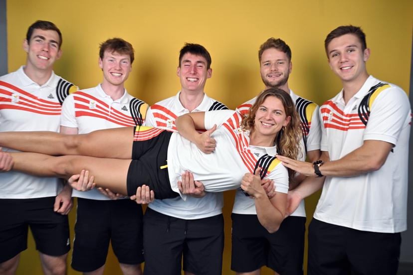Belgian athlete Gaston Mercier , Belgian athlete Tibo Vyvey , Belgian athlete Aaron Andries , Belgian athlete Mazarine Guilbert , Belgian athlete Marlon Colpaert and Belgian athlete Tristan Vandenbussche pose for the photographer during the annual stage of Team Belgium (13-20/11), in Belek, Turkey, Friday 15 November 2024, BELGA PHOTO ERIC LALMAND