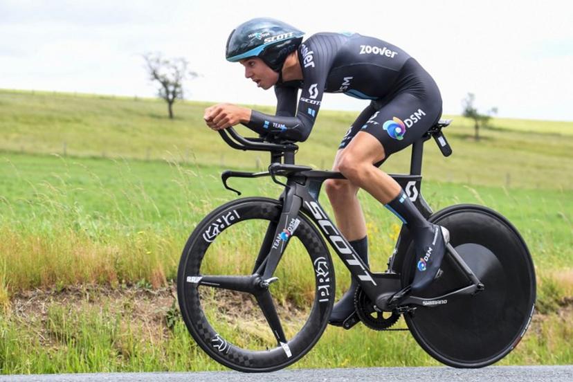 Team DSM's Marco Brenner of Germany competes during the fourth stage of the 73rd edition of the Criterium du Dauphine cycling race, a 16km time trial between Firmigny and Roche-la-Moliere on June 2, 2021. Alain JOCARD / AFP