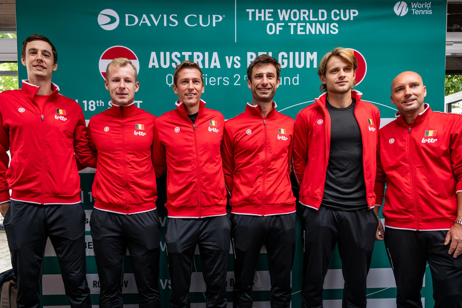 Belgian Joran Vliegen; Belgian Sander Gille; Belgian Kimmer Coppejans; Belgian Gauthier Onclin; Belgian Zizou Bergs and Belgian captain Steve Darcis pictured during the draw for the second round of Davis Cup qualifying between Belgium and Austria (Sept. 18-19), in Vienna, on Thursday 17 September 2026. BELGA PHOTO DAVID PINTENS