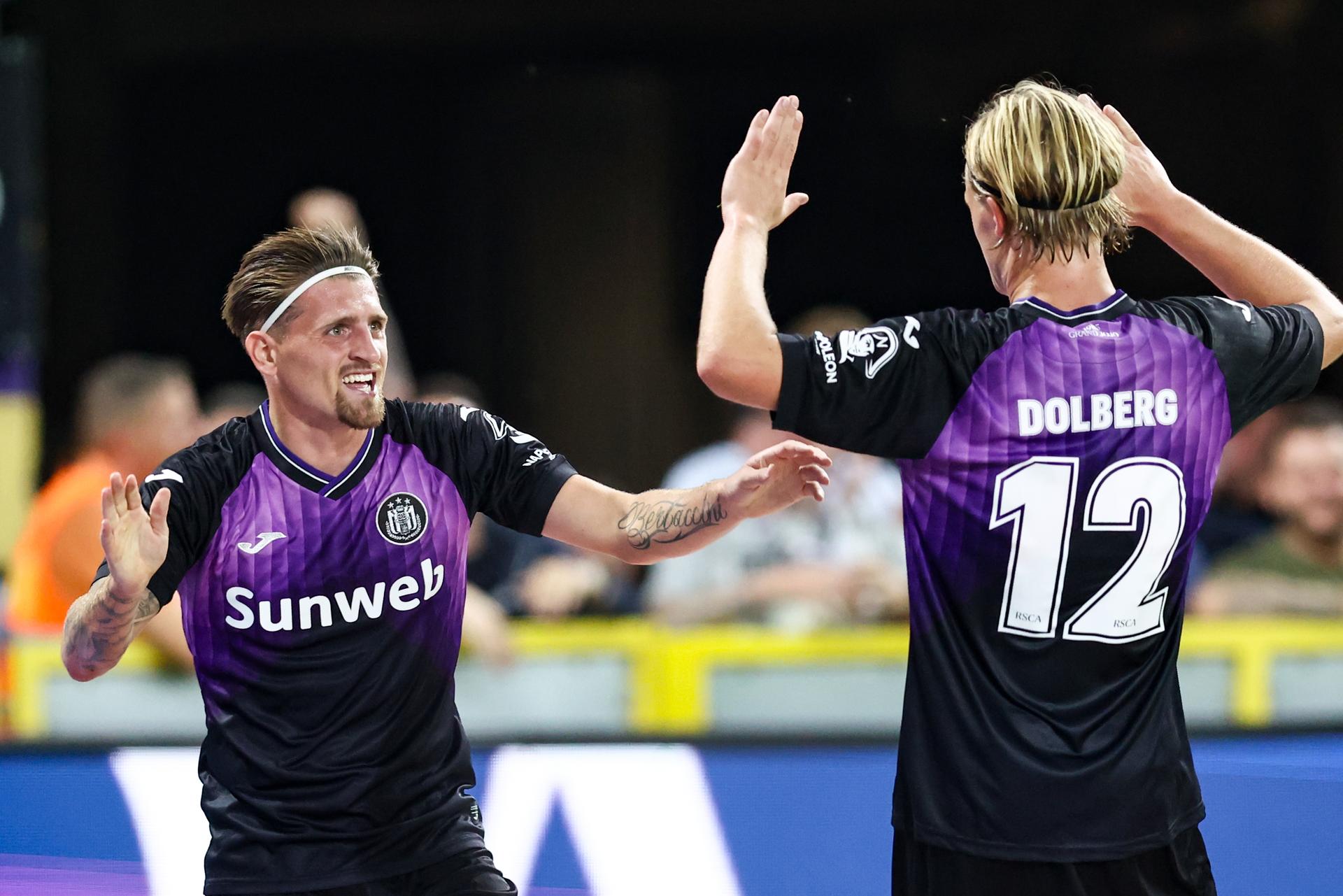Anderlecht's Adriano Bertaccini celebrates after scoring during a soccer game between Belgian soccer team RSC Anderlecht and Moldavian team FC Sheriff Tiraspol, on Thursday 07 August 2025 in Brussels, a first leg of the third qualifying round for the UEFA Conference League competition. BELGA PHOTO BRUNO FAHY