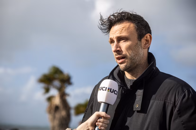 Tomas Van Den Spiegel of Flanders Classics pictured during a press moment about the decision of cancelling the World Cup cyclocross cycling event in Cabras, Sardinia, stage 3 (out of 12) of the UCI World Cup cyclocross competition, Sunday 08 December 2024. The island and surrounding area were hit by a violent storm, with gusts reaching 100 km/h, causing major damage. The safety of racers and spectators is therefore at risk. In addition, a fire last night destroyed the press room. BELGA PHOTO DAVID PINTENS