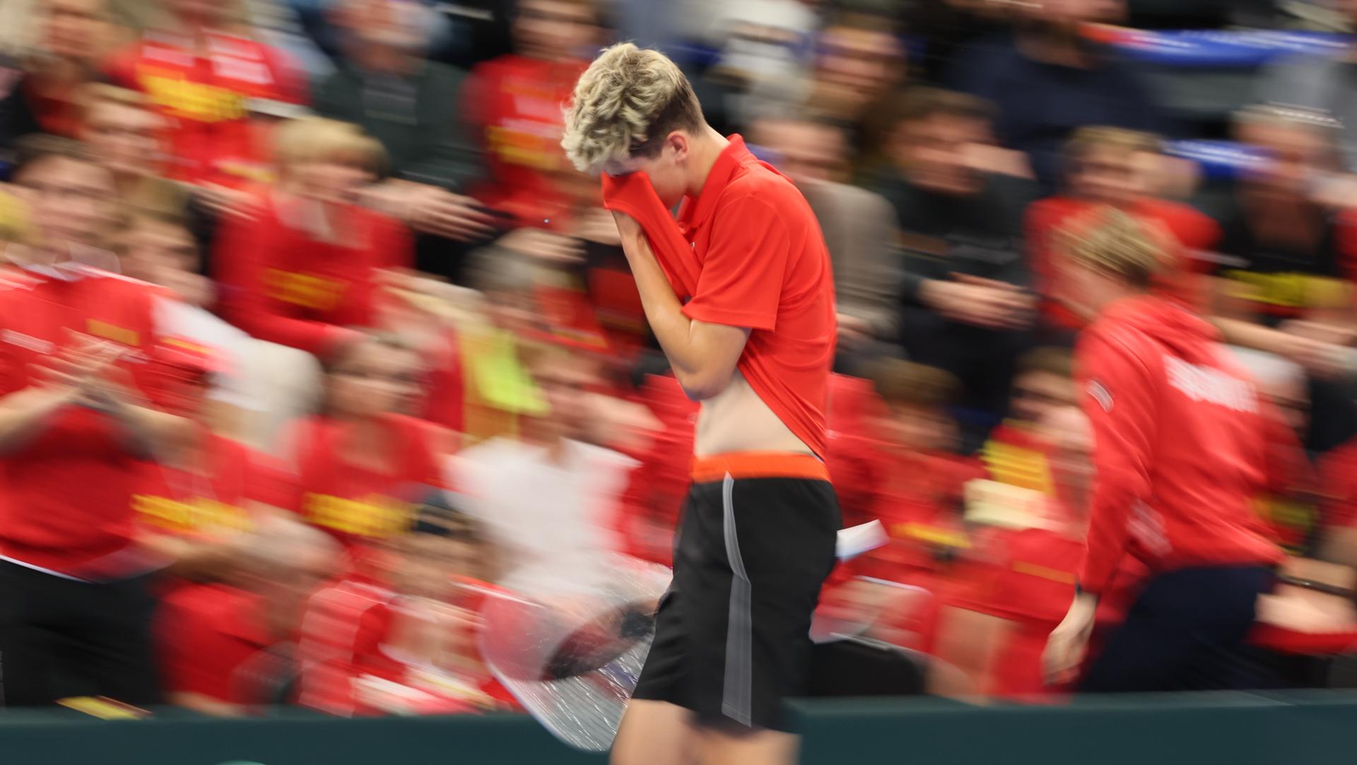 Belgian Alexander Blockx pictured during a game between Belgian Blockx and Chilean Garin, the second match in the Davis Cup qualifiers World Group tennis meeting between Belgium and Chile, Saturday 01 February 2025, in Hasselt. BELGA PHOTO BENOIT DOPPAGNE