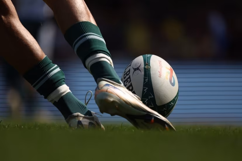 A player kicks the ball during the French Top 14 rugby union match between ASM Clermont Auvergne and Section Paloise Bearn Pyrenees (Pau) at the Marcel Michelin stadium in Clermont-Ferrand, central France on September 20, 2025. Alex MARTIN / AFP