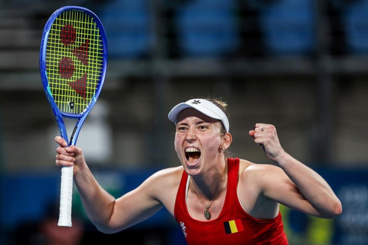 Belgium's Elise Mertens celebrates after victory against Czech Republic's Barbora Krejcikova in their women's singles quarter-final match at the United Cup tennis tournament at Ken Rosewall Arena in Sydney on January 8, 2026. Izhar KHAN / AFP