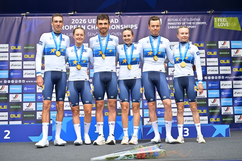Team France celebrates on the podium after winning the time trial mixed relay elite race (44,2 km) at the cycling UEC Road European Championships, in Ljubljana, Slovenia Tuesday 6 October 2026. The UEC Road European Championships are taking place from 02 to 07 October in Ljubljana, Slovenia. BELGA PHOTO DAVID PINTENS