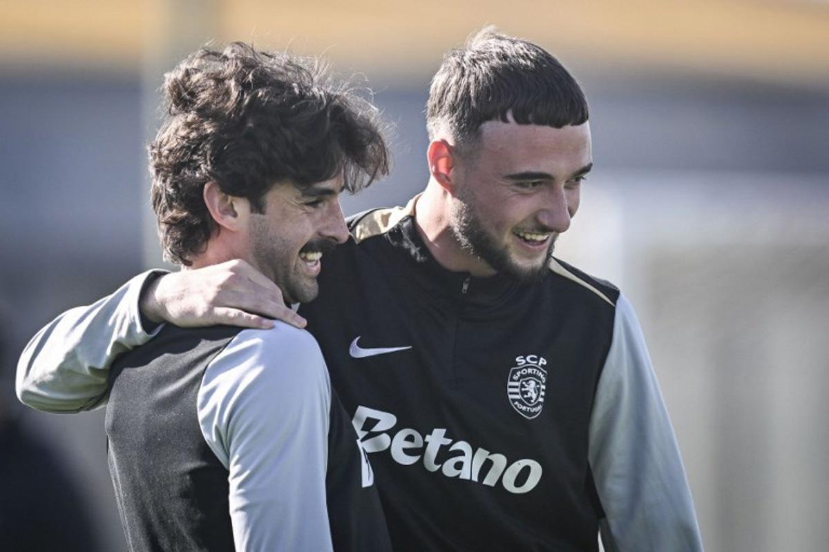 Sporting's Portuguese forward #17 Francisco Trincao and Sporting's Belgian defender #6 Zeno Debast attend a training session at Cristiano Ronaldo training center in Alcochete, outskirts of Lisbon, on February 10, 2025 on the eve of their UEFA Champions League football match against Borussia Dortmund. PATRICIA DE MELO MOREIRA / AFP