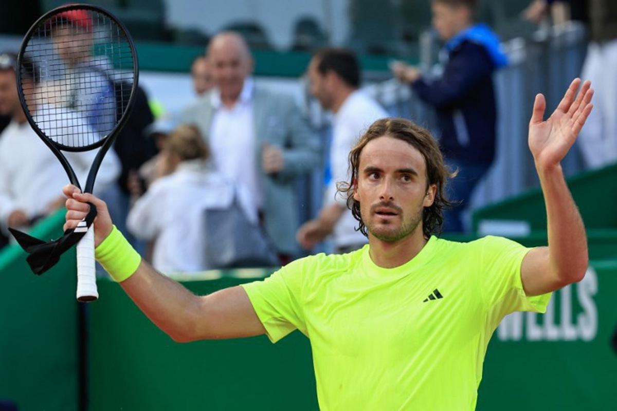 Greece's Stefanos Tsitsipas celebrates after winning against Portugal's Nuno Borges during the Monte Carlo ATP Masters Series Tournament round of 16 tennis match on the Rainier III court at the Monte Carlo Country Club in Roquebrune-Cap-Martin on April 10, 2025. Valery HACHE / AFP