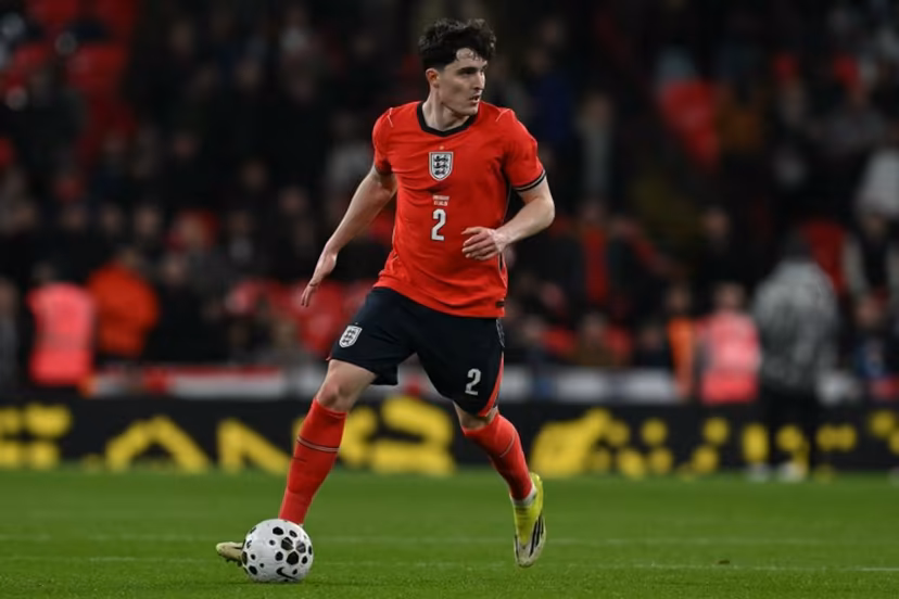England's defender Tino Livramento looks to play a pass during the friendly International football match between England and Uruguay at Wembley Stadium, west London, on March 27, 2026. Glyn KIRK / AFP