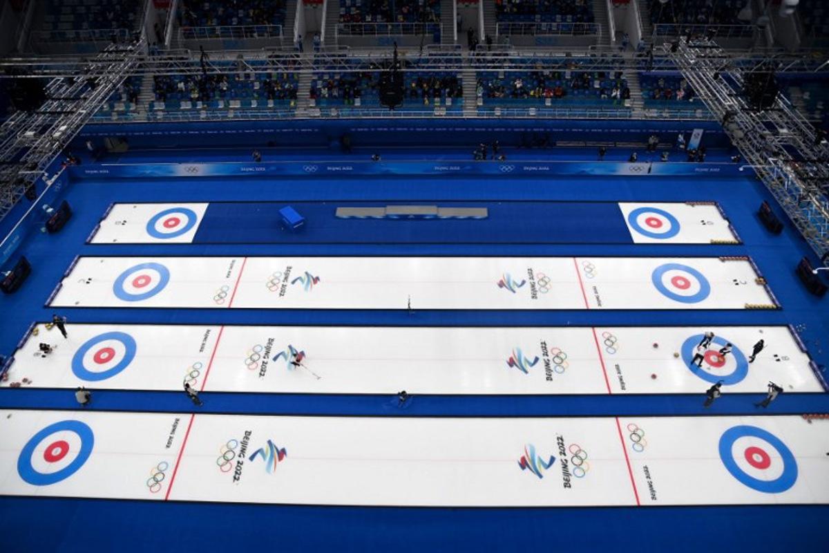 This overview shows a general view of the venue during the women's gold medal game of the Beijing 2022 Winter Olympic Games curling competition between Japan and Great Britain at the National Aquatics Centre in Beijing on February 20, 2022. Lillian SUWANRUMPHA / AFP