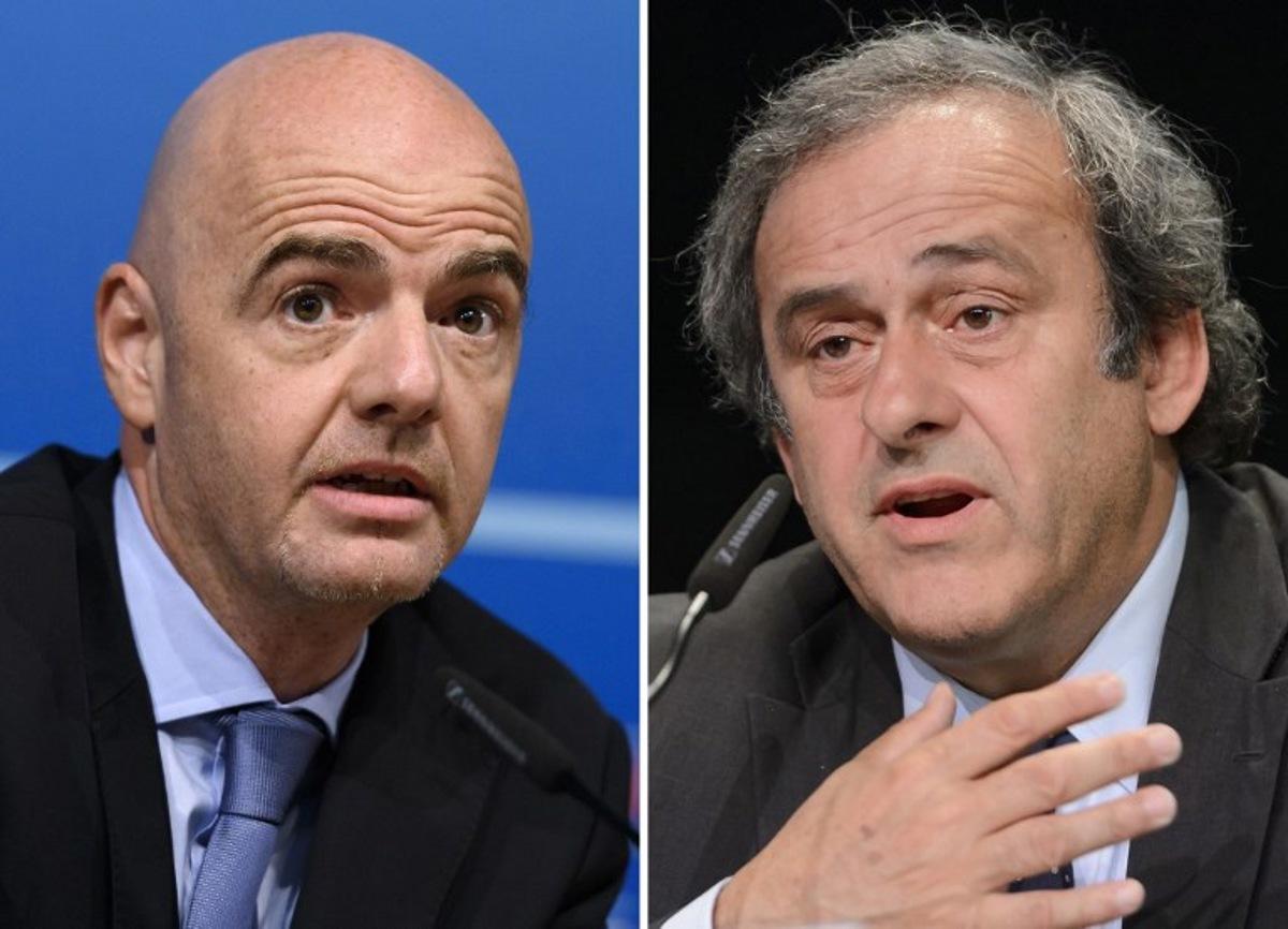 A combination made on November 10, 2015 shows a picture taken on October 15, 2015 in Nyon showing UEFA General Secretary Gianni Infantino (L) and a picutre taken taken on May 28, 2015 in Zurich showing UEFA President Michel Platini. Infantino vowed on November 10, 2015 to withdraw from FIFA's presidential election if Michel Platini, the UEFA president who is serving a 90-day ban from all football-related activities, is allowed to stand. AFP PHOTO / FABRICE COFFRINI FABRICE COFFRINI / AFP