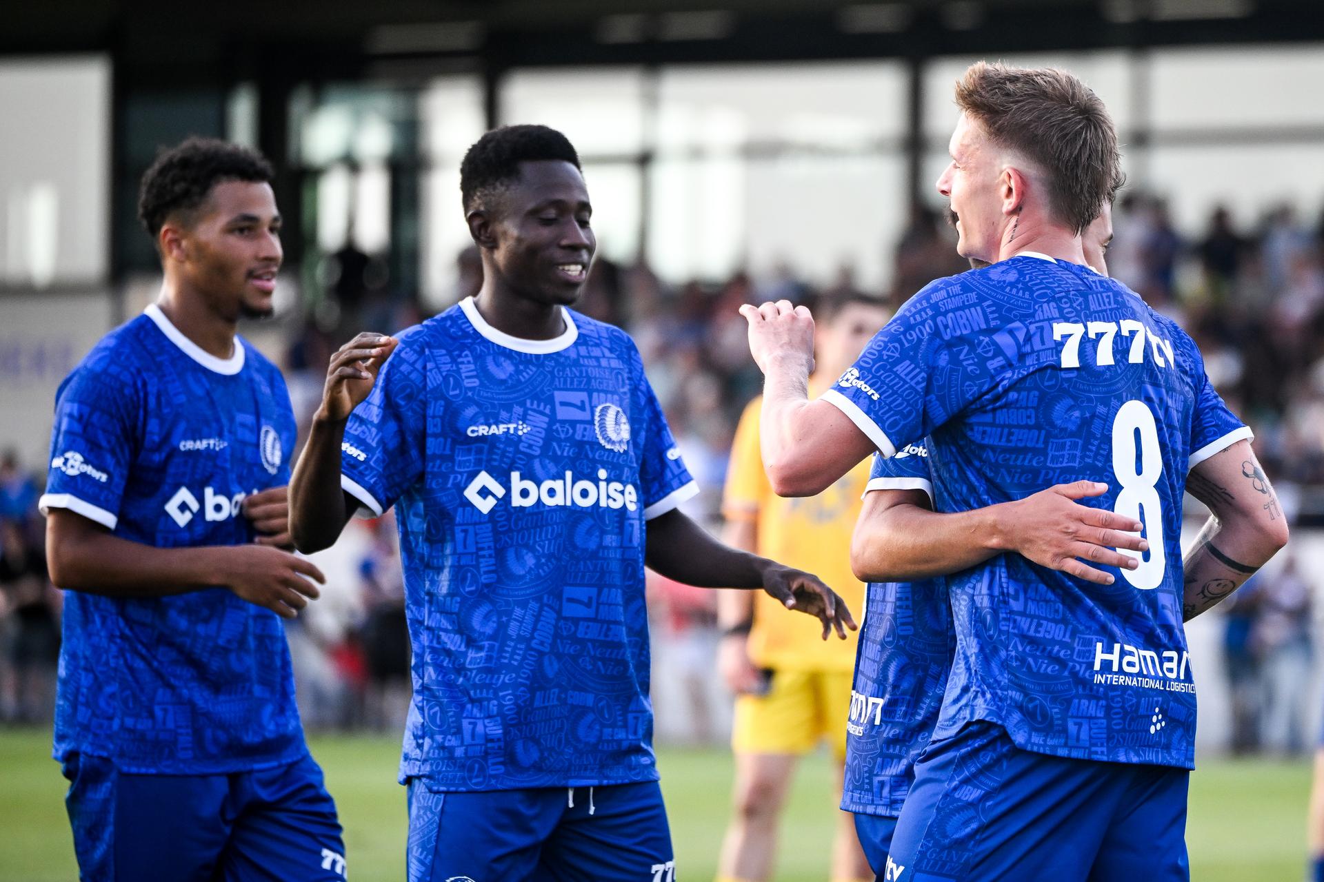 Gent's players celebrate after scoring during a friendly soccer game between first provincial division soccer team KFC Merelebeke and first division KAA Gent, on Saturday 27 June 2026 in Merelbeke, in preparation of the upcoming 2026-2027 Belgian first division soccer season. BELGA PHOTO ELIAS ROM