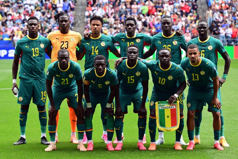 Senegal players pose for a family portrait at the start of a soccer game between Belgian national team Red Devils and Senegal, on Wednesday 01 July 2026, at the Seattle Field, in Seattle, a 1/16 finals game in the FIFA World Cup 2026. BELGA PHOTO DIRK WAEM
