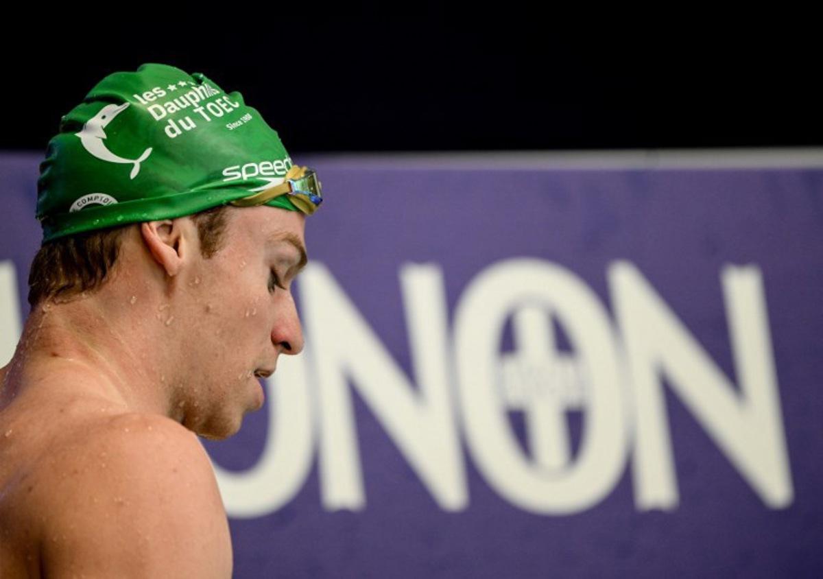 France's Leon Marchand reacts after competing in the 400-metres medley final during the French national swimming championships in Saint-Etienne, south-eastern France on June 27, 2026. OLIVIER CHASSIGNOLE / AFP