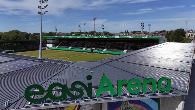 This aerial drone image shows the newly built EASI Arena stadium of soccer team RAAL La Louviere, Friday 04 July 2025 in La Louviere. BELGA PHOTO ERIC LALMAND