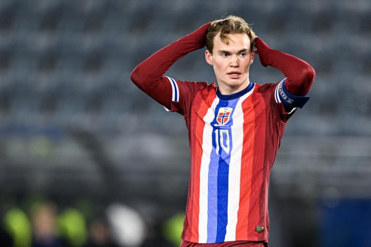 Norway's Kristian Fredrik Malt Arnstad reacts during the U21 European Championship qualifier match in men's football between Norway and Finland at SR-Bank in Stavanger, Norway on November 19, 2024. Carina Johansen / NTB / AFP