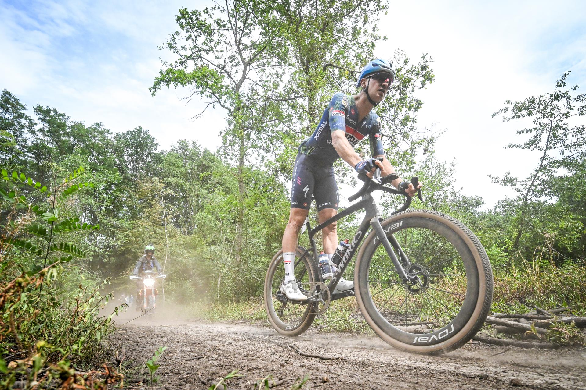 Belgian Tim Merlier of Soudal Quick-Step is pictured in action during the elite race at the Belgian Gravel Championships, Sunday 16 August 2026 in Grobbendonk. BELGA PHOTO ELIAS ROM