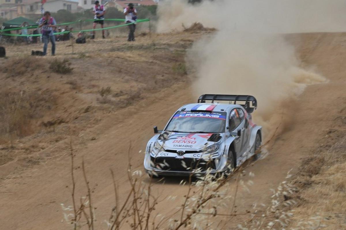 France's Sebastien Ogier and co-driver France's Vincent Landais steer their Toyota GR Yaris Rally1 Hybrid, during the shakedown in Cabu Abbas, near Olbia, in the 22nd edition of Rally of Sardegna in Italy, 6th round of the FIA World Rally Championship (WRC), on June 5, 2025. Andreas SOLARO / AFP
