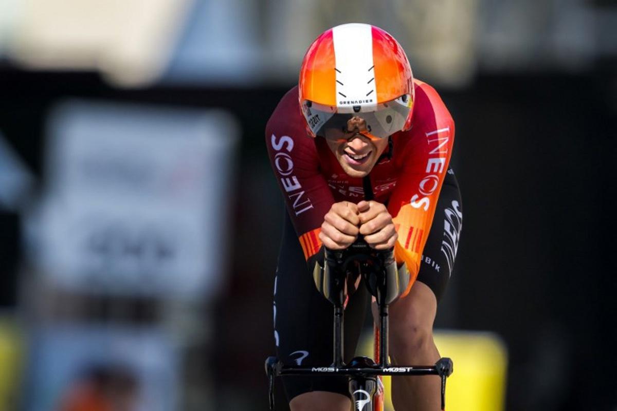Great Britain's Samuel Watson (Ineos) competes in the prologue of the Tour of Romandie UCI cycling World tour, a 3.4 km time trial from Saint-Imier to Saint-Imier, on April 29, 2025. Fabrice COFFRINI / AFP