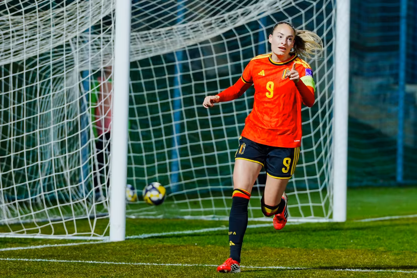 Tessa Wullaert of Belgium celebrates after scoring the opening goal during a game between Belgium's national women's soccer team the Red Flames and Israel, qualifying game 1/6 for the 2027 FIFA Women's World Cup, on Tuesday 03 March 2026, in Budaors, Hungary. BELGA PHOTO ISTVAN DERENCSENYI