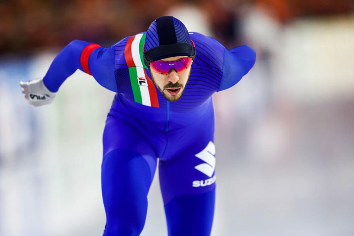 Italy's Davide Ghiotto competes during the 10000 meters men race at the ISU World Speed Skating Championships in Thialf arena in Heerenveen, on March 5, 2023. Vincent Jannink / ANP / AFP
