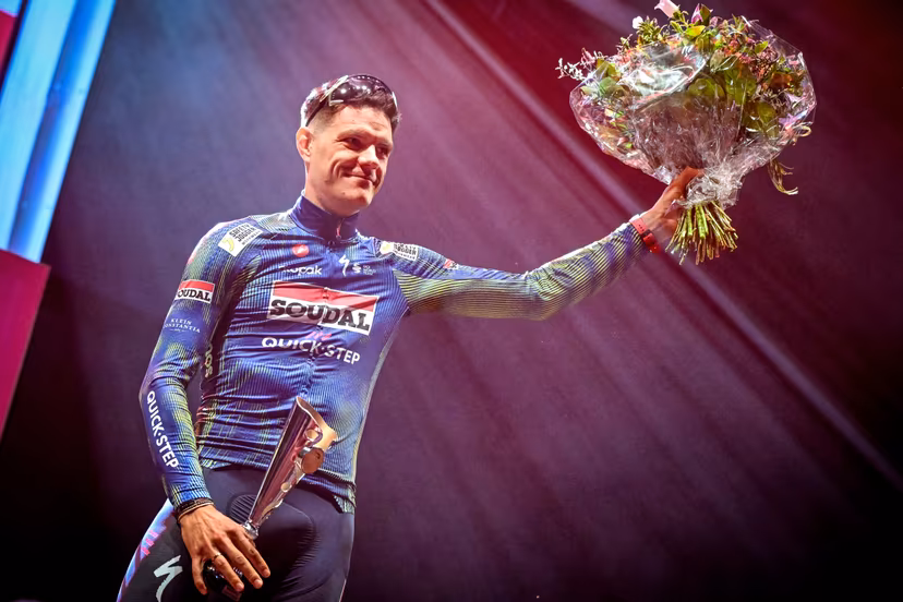 Belgian Jasper Stuyven of Soudal Quick-Step pictured on the podium after the 'Natourcriterium Herentals' cycling race, Thursday 30 July 2026 in Herentals. The contest is a part of the traditional 'criteriums', local races in which mainly cyclists who rode the Tour de France compete. BELGA PHOTO ELIAS ROM