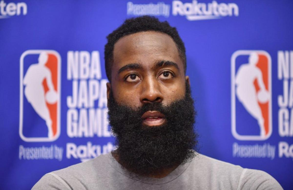 NBA Houston Rockets guard James Harden speaks during a media interview after the basketball team's practice session in Tokyo on October 9, 2019. Kazuhiro NOGI / AFP