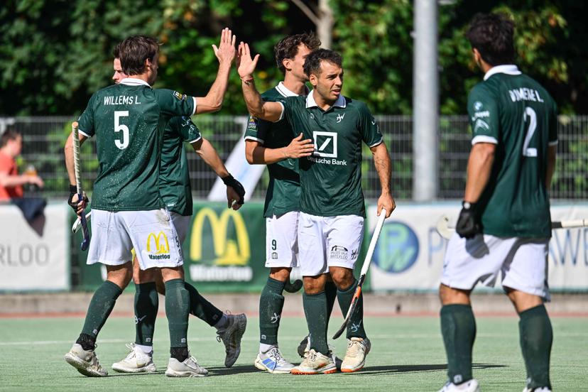 WatDuck's Tomi Domene and WatDucks' players celebrate after scoring during a hockey game between Waterloo Ducks and Braxgata, Sunday 20 September 2026 in Waterloo, on day 1 of the Belgian first division hockey championship. BELGA PHOTO EMILE WINDAL