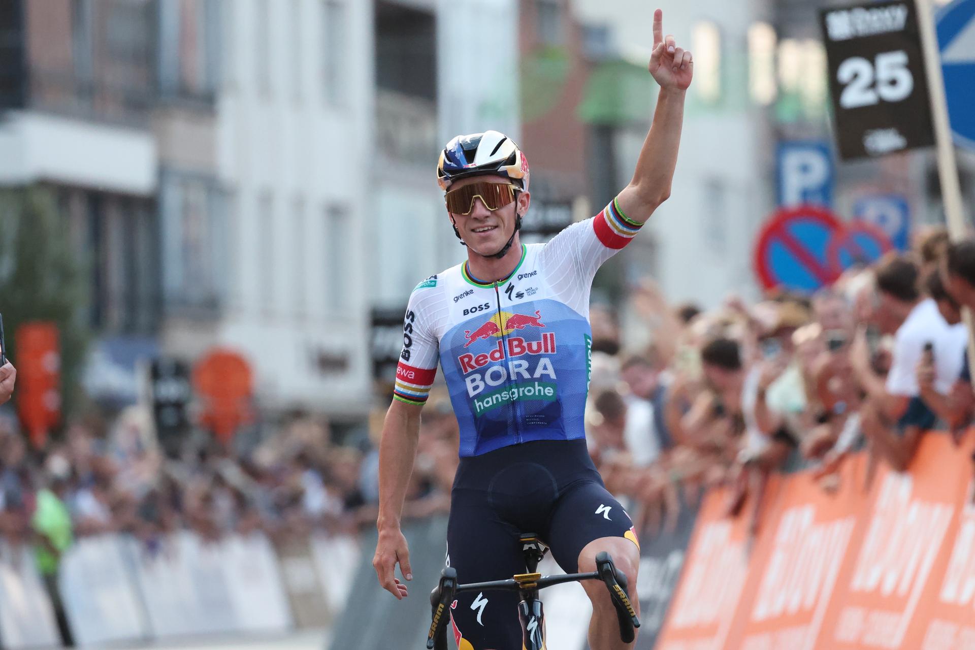 Belgian Remco Evenepoel of Red Bull-BORA-hansgrohe and pictured as he crosses the finish line of the 'Natourcriterium Roeselare' cycling event, Tuesday 28 July 2026 in Roeselare. The traditional 'criteriums' are local showcases for which mainly cyclists who rode the Tour de France are invited. BELGA PHOTO KURT DESPLENTER