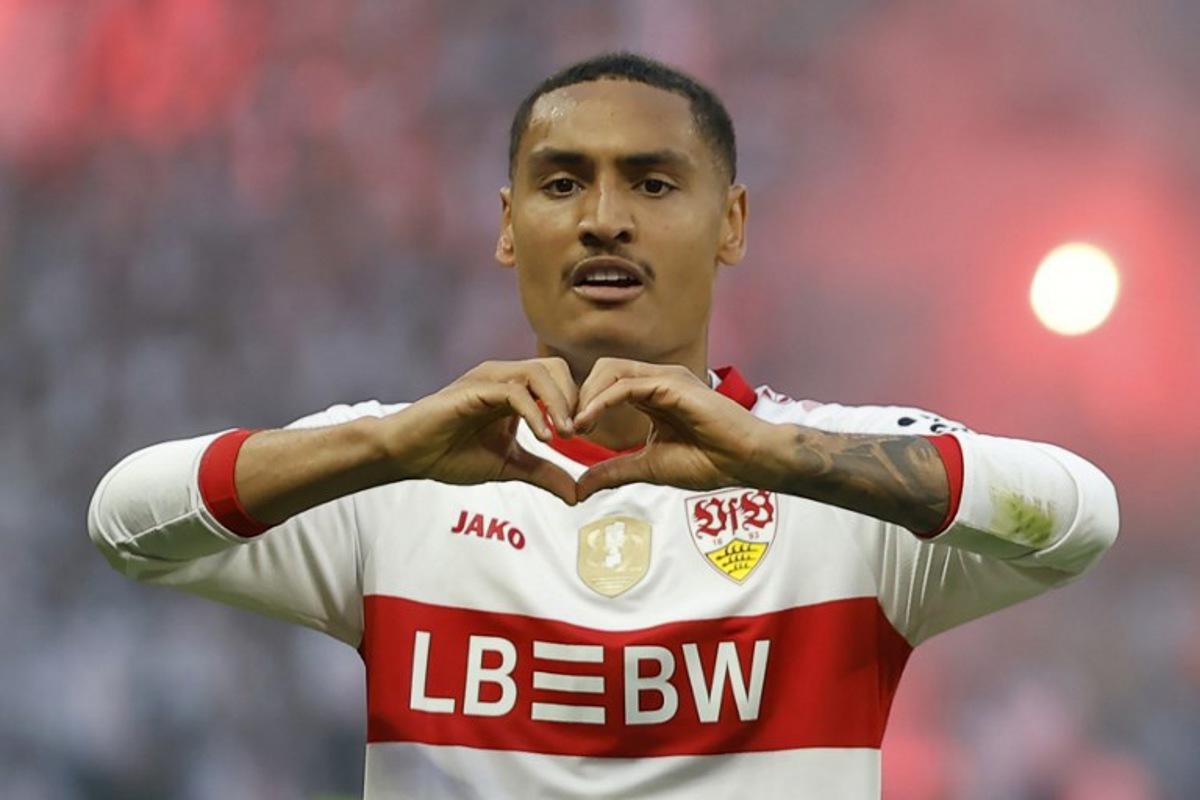 Stuttgart's French midfielder #08 Enzo Millot celebrates scoring his team's second goal during the German Cup (DFB Pokal) final football match between Arminia Bielefeld and VfB Stuttgart at the Olympic Stadium in Berlin on May 24, 2025. Stuttgart won the final 4-2. Odd ANDERSEN / AFP