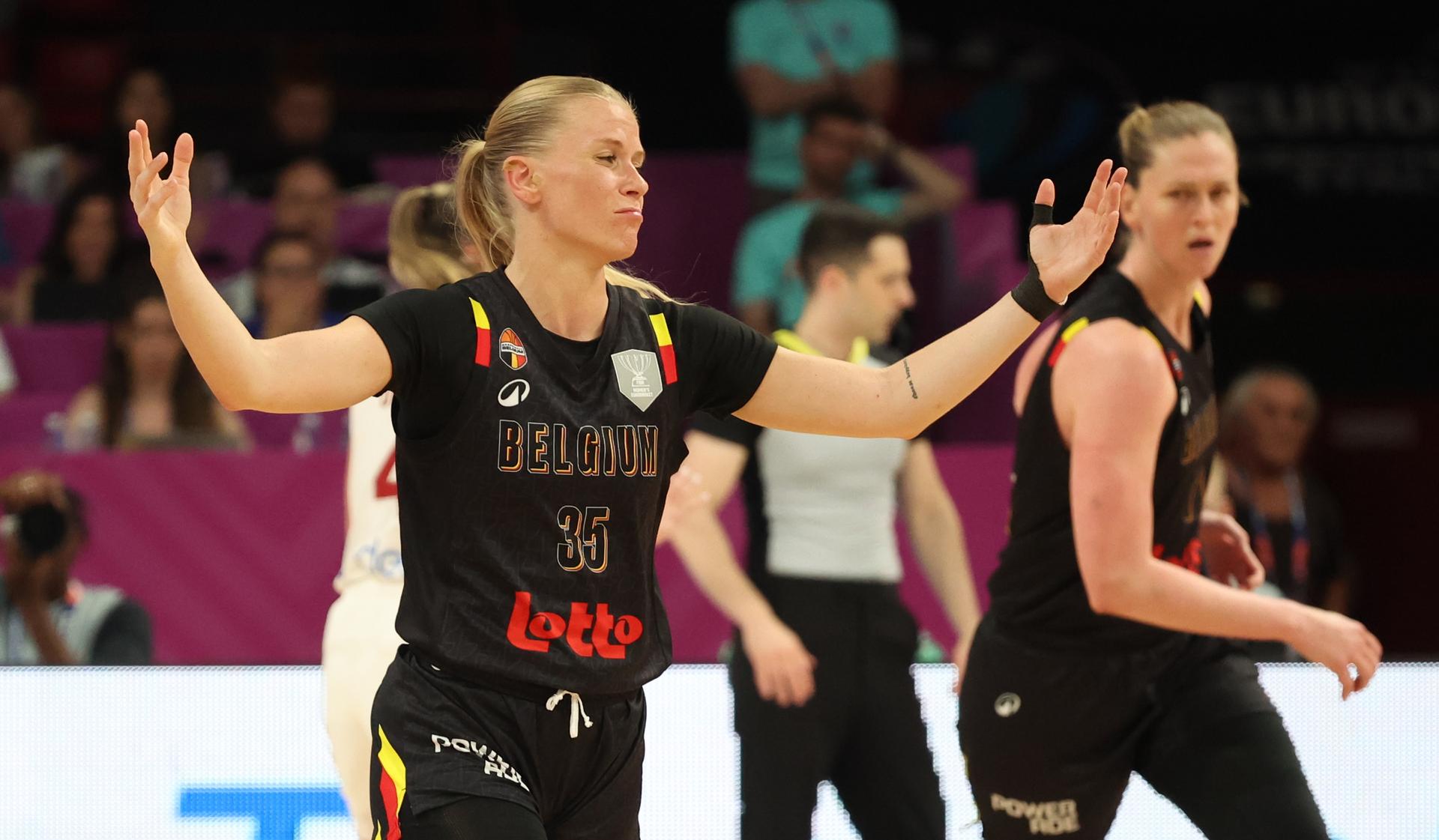 Belgium's Julie Vanloo gestures during a basketball match between Spain and Belgian national team 'the Belgian Cats' on Sunday 29 June 2025 in Piraeus, Greece, the final of the FIBA Women's EuroBasket 2025. BELGA PHOTO VIRGINIE LEFOUR