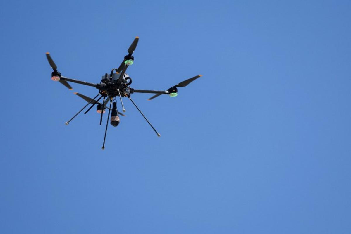 This photograph shows a Tundra 2 drone flying during a dynamic demonstration of military equipment at the Eurosatory defence and security trade show at the Paris Nord Villepinte Exhibition Centre in Villepinte, a northeastern suburb of Paris, on June 14, 2026. The Eurosatory trade show takes place from June 15 to 19, 2026. Kenzo TRIBOUILLARD / AFP